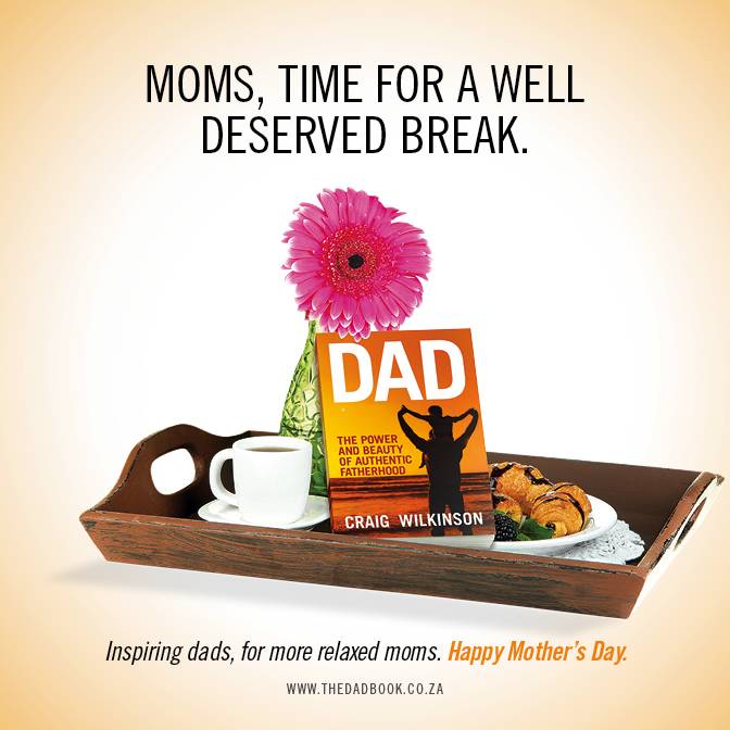 Happy Mother's Day: Dad Book on tray with breakfast and flower
